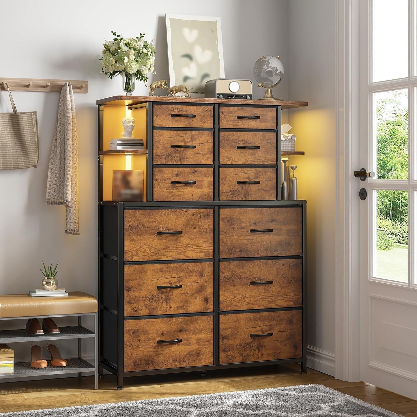 Dresser for Bedroom with LED Lights, 12 Drawers Bedroom Dresser, Dresser and Tall Dresser with Open Shelves, Fabric Dressers & Chests of Drawers with Sturdy Metal Frame, Rustic Brown