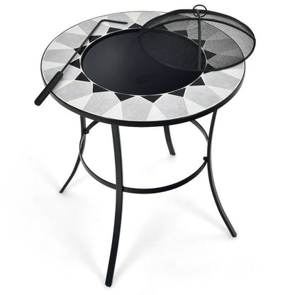 Portable Round Fire Pit Table with Mesh Cover and Fire Poker-1
