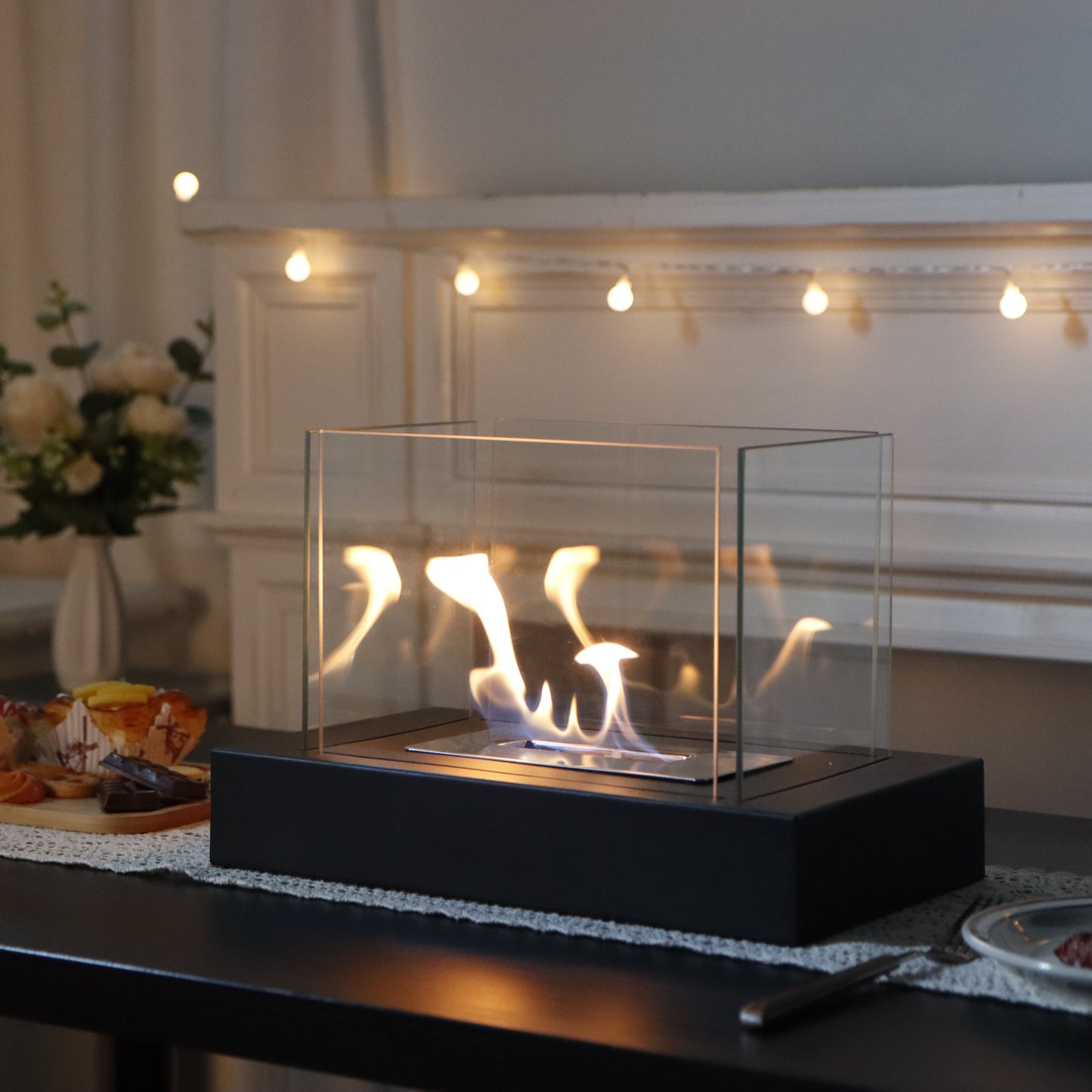 360° View Rectangular Tabletop Fire Bowl | Four-Sided Glass Bio-Ethanol Fire Pit for Patio, Deck & Indoor Decor | Modern Ventless Fireplace