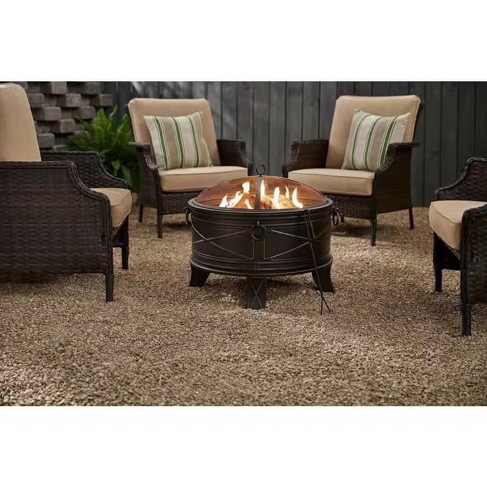 26-inch Round Steel Outdoor Fire Pit with Cover and Poker in Bronze-0