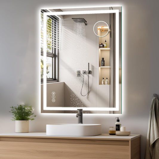 LED Bathroom Mirror 24 X 32 Inch Anti-Fog Bathroom Mirror with Led Illuminated Mirror, Wall Mounted Lighted Vanity Mirrors for Wall with 3 Colors Dimmable, Touch Switch Smart Mirror-0