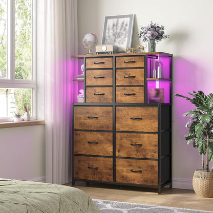 Dresser for Bedroom with LED Lights, 12 Drawers Bedroom Dresser, Dresser and Tall Dresser with Open Shelves, Fabric Dressers & Chests of Drawers with Sturdy Metal Frame, Rustic Brown