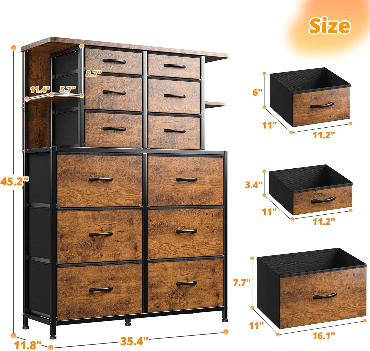 Dresser for Bedroom with LED Lights, 12 Drawers Bedroom Dresser, Dresser and Tall Dresser with Open Shelves, Fabric Dressers & Chests of Drawers with Sturdy Metal Frame, Rustic Brown