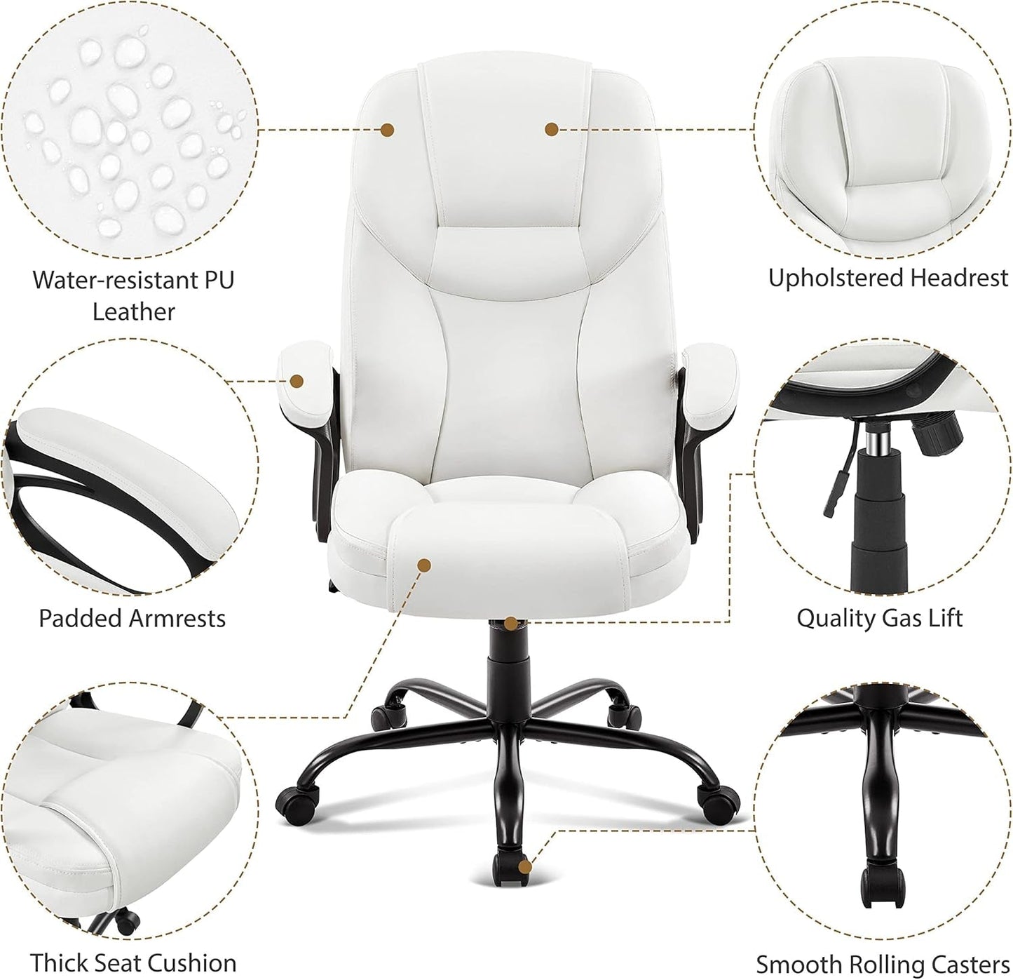 High Back Executive Chair Faux Leather Managerial Chair Ergonomic Task Chair Computer Meeting Chair Large Seat Swivel Chair, Sturdy Metal Base,White-3