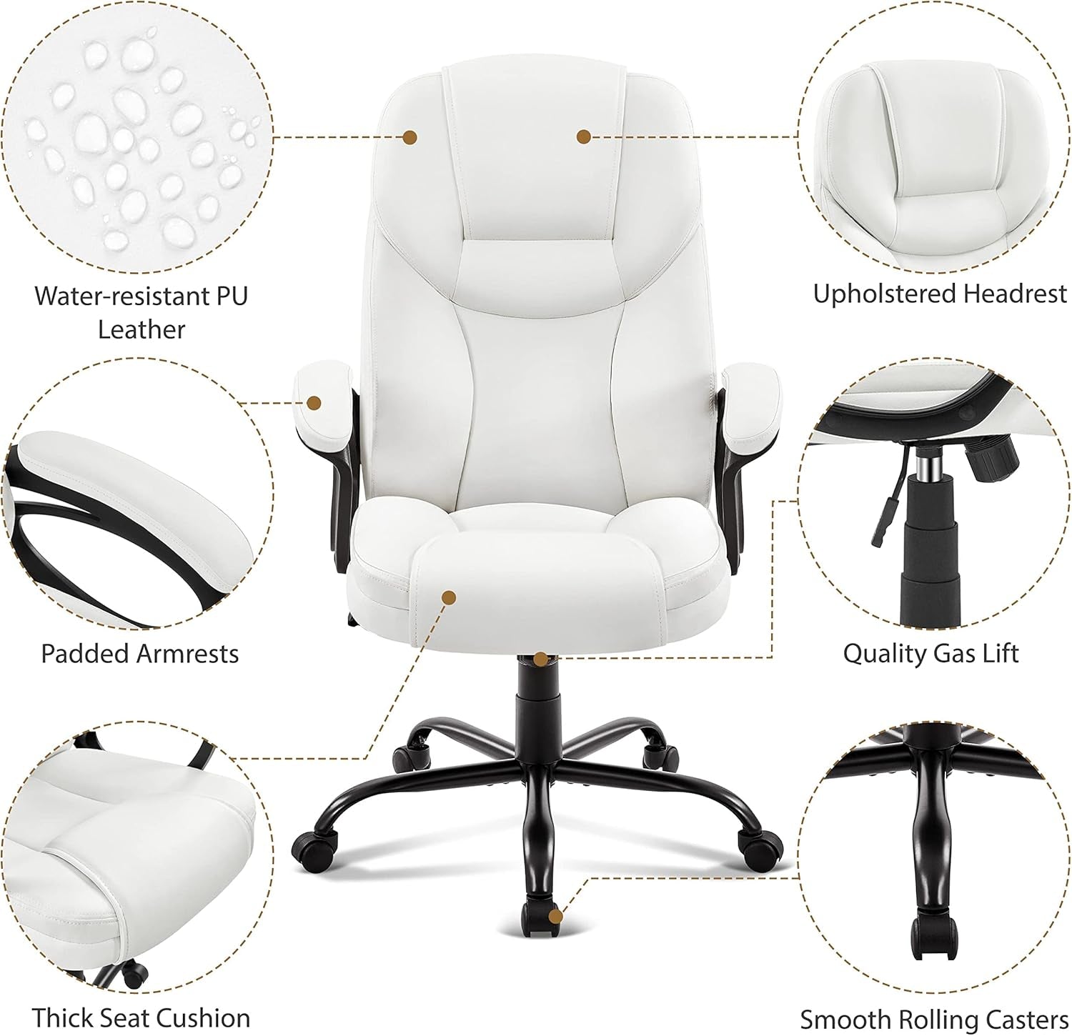 High Back Executive Chair Faux Leather Managerial Chair Ergonomic Task Chair Computer Meeting Chair Large Seat Swivel Chair, Sturdy Metal Base,White-3