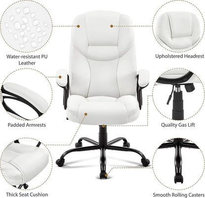 High Back Executive Chair Faux Leather Managerial Chair Ergonomic Task Chair Computer Meeting Chair Large Seat Swivel Chair, Sturdy Metal Base,White-3
