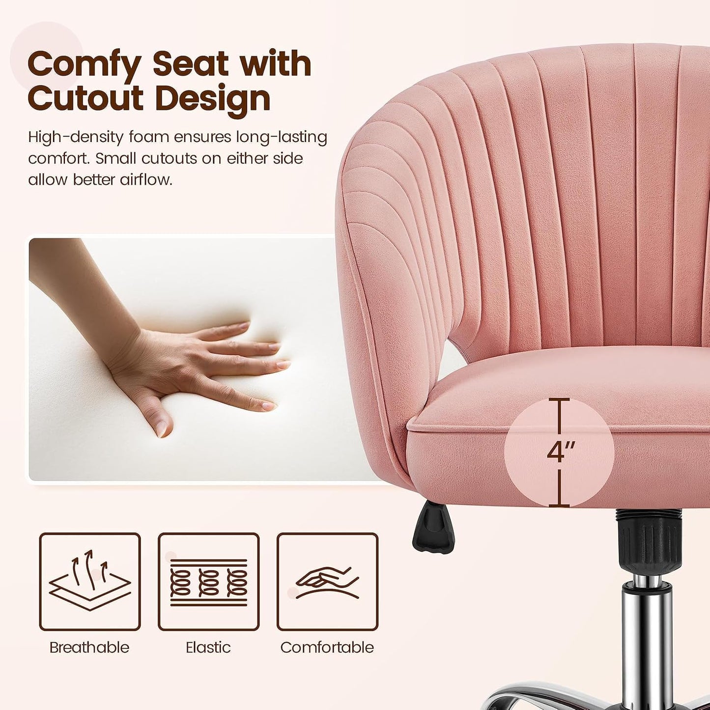 Pink Desk Chair Vanity Chair with Back Home Office Chair Cute Desk Chair Modern Swivel Rolling Chair Computer Chair for Study, Vanity, Bedroom-3