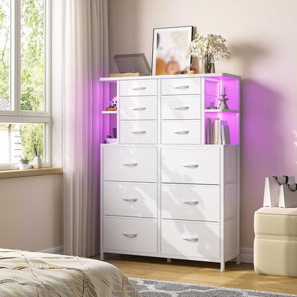 Dresser for Bedroom with LED Lights, 12 Drawers Bedroom Dresser, Black Dresser and Tall Dresser with Open Shelves, Fabric Dressers & Chests of Drawers with Sturdy Metal Frame, White